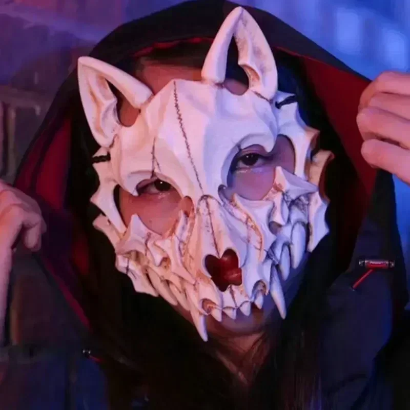 Anime Fox smok szkielet czaszki półmaska Cosplay czarne z motywem zwierzęcej biały maska szkielet rekwizyty na przyjęcia karnawałowy Halloween