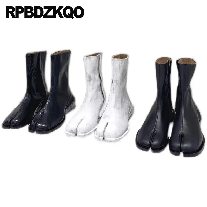 

2022 Short Runway Ankle Mens Black Patent Leather Boots Full Grain Fall Plus Size Genuine Chunky Big Designer Shoes Split Toe