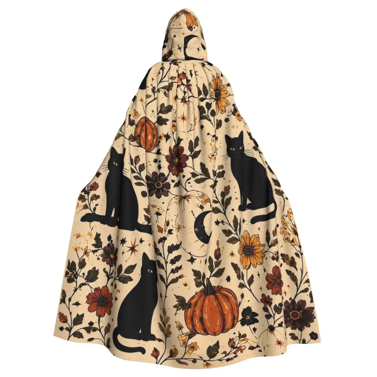 Aldult Halloween Black Cats Cloak with Hood Autumn Pumpkin Grim Reaper Robe Costume for Party