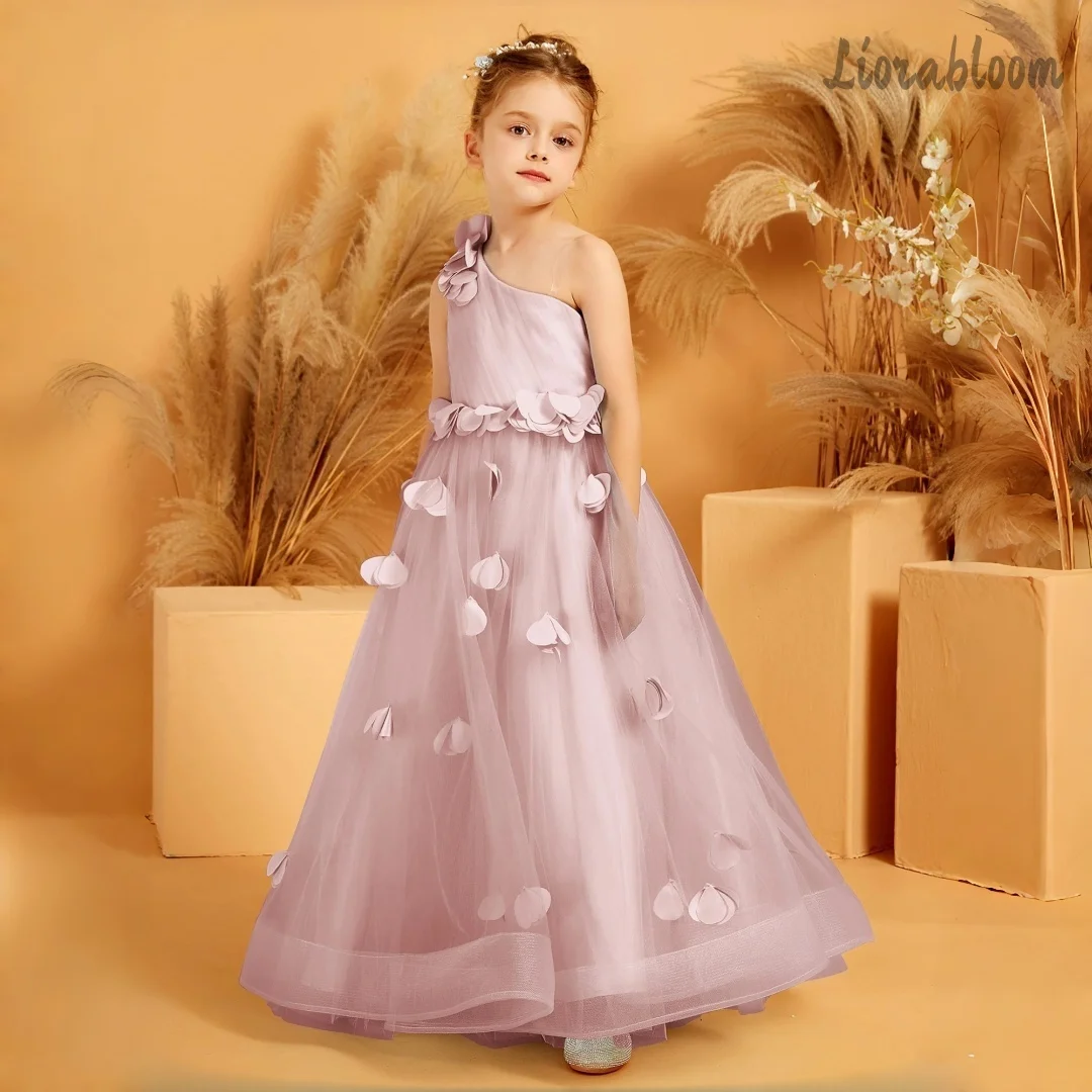 

Girls' One-Shoulder Formal Gown Tulle Skirt Adorned with 3D Floral Embellishments Custom Multi-Color Flower Girl Dress
