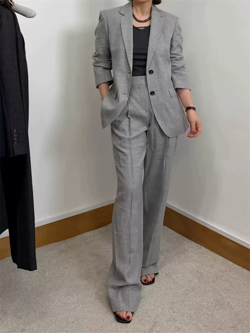 Autumn New Women Grey Suit Pants Zipper High Waist Office Wear Trousers