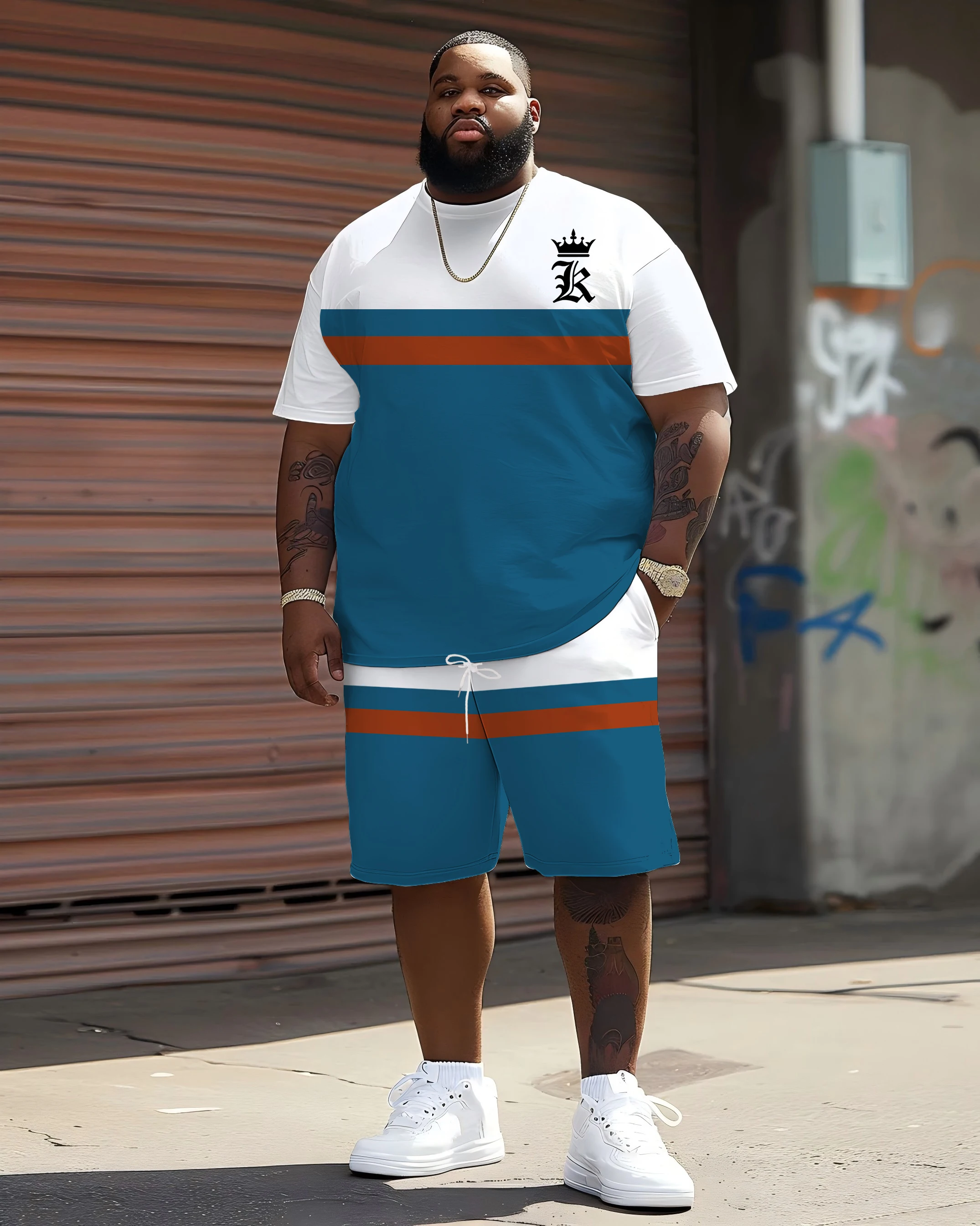 

2025's top-selling oversized men's tee & shorts set featuring vintage 'K' pattern & color-block patchwork