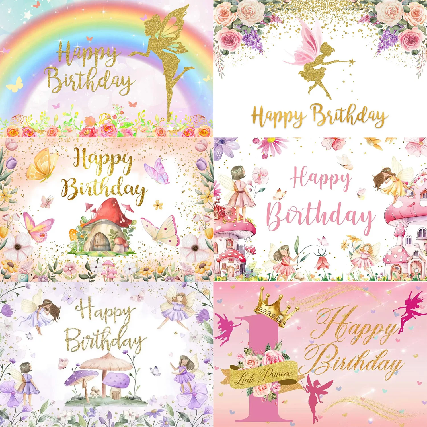 

Butterfly Fairy Theme Background Colorful Flowers Mushroom Golden Glitter Girl Birthday Party Photo Photography Prop Gift Banner