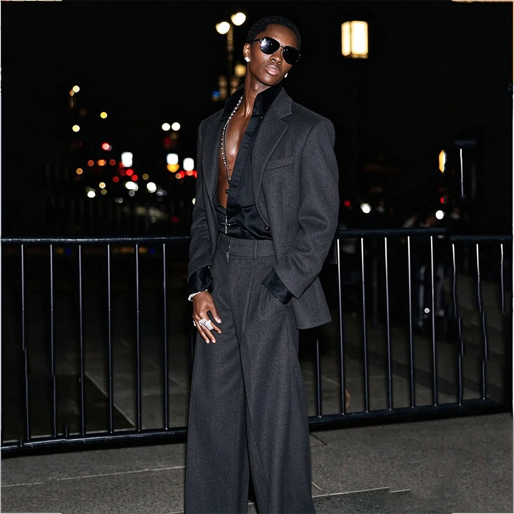Dark Gray Loose Fit Men Suit 2 Piece Oversized Blazer Wide Leg Trousers High Quality Notch Lapel Fashion Outfit Formal Events