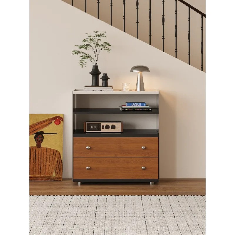 Modern simple side cabinet, log texture double drawer locker, living room storage chest cabinet against the wall locker