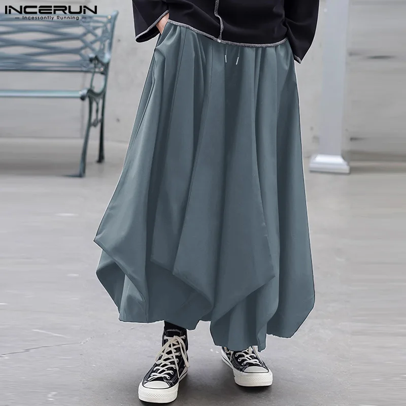 2024 Men Irregular Pants Solid Color Drawstring Joggers Fashion Casual Wide Leg Trousers Men Loose Streetwear Long Pants INCERUN