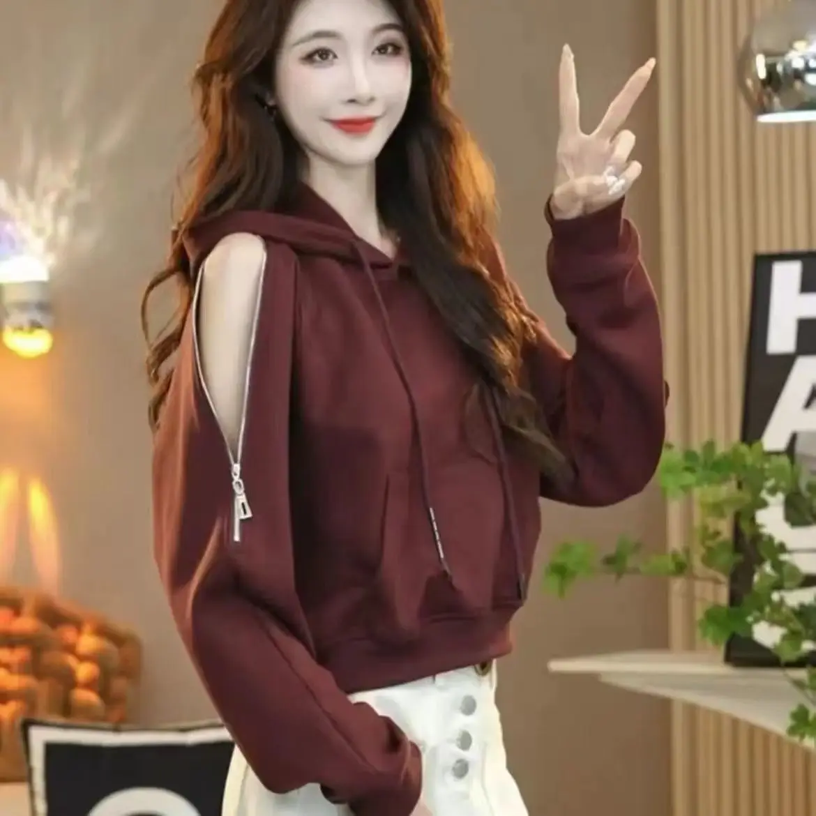 Sudaderas con capucha para mujer, ropa bonita con Base corta, mangas para adolescentes, cintura cortada Irregular, adelgazante, longitud corta, elástica, sin tapa