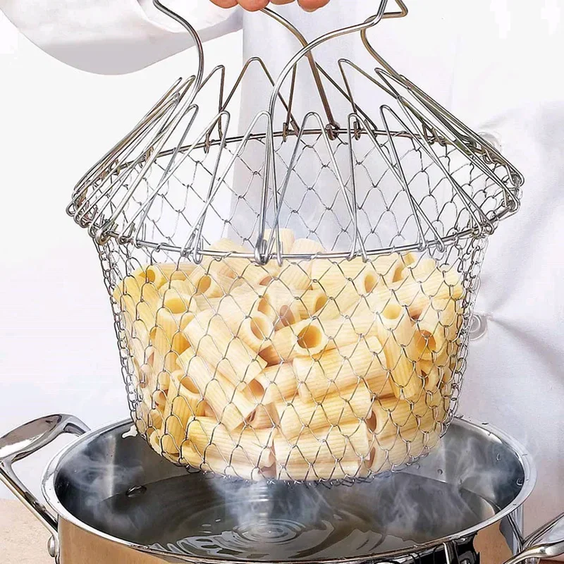 Foldable Fry Basket Multifunction Steam Rinse Strain Drainer Basket Mesh Basket Strainer Vegetable Washer Basket Kitchen Gadget