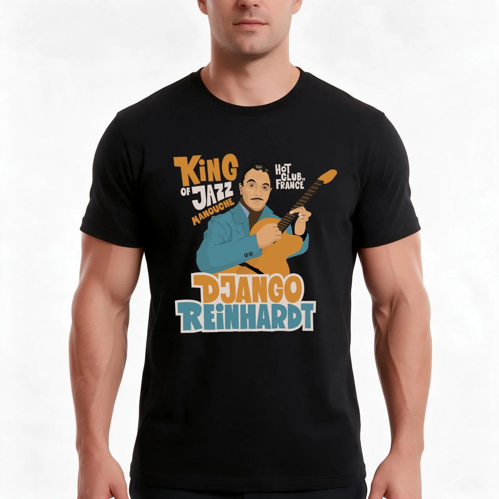 Django Reinhardt: A Jazz Guitar Legend Brought to Life with this Captivating Illustration. T-Shirt, Summer Casual Cotton Tee