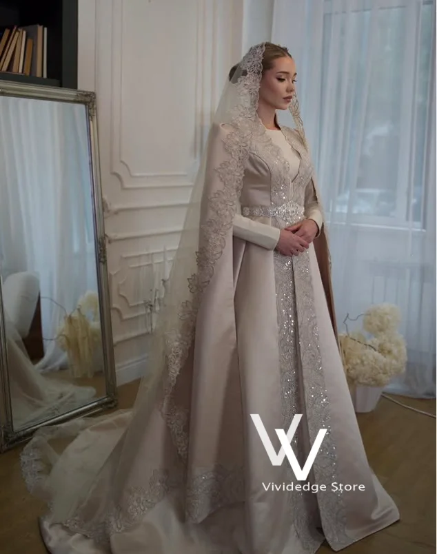 Luxurious Albania Traditional Bride Gown Champagne Kaftan Long Sleeves Lace Sequins Elegant Women’s Wedding Dress Customized