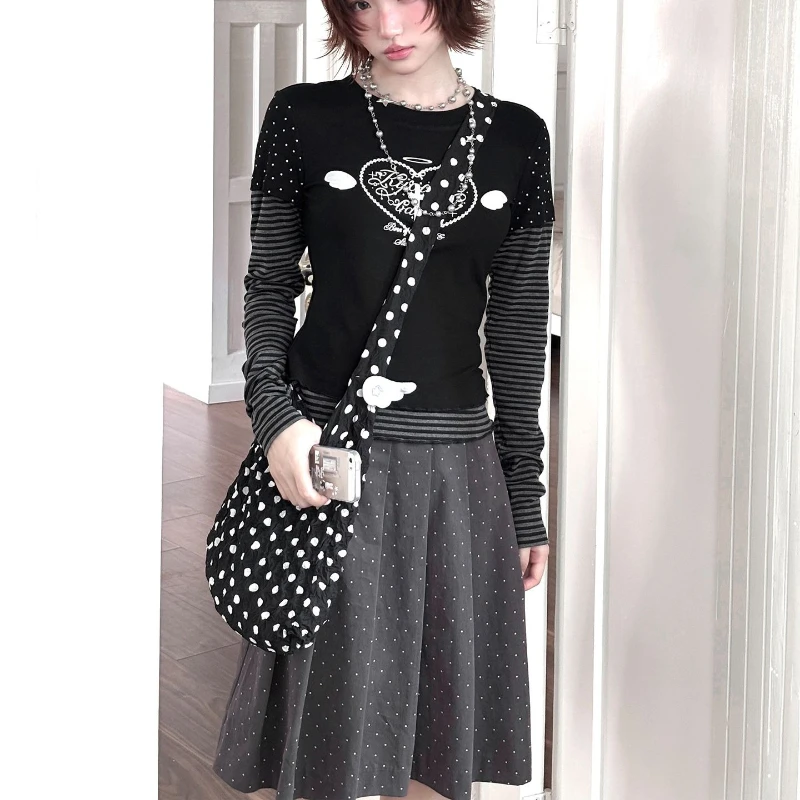 

HOUZHOU Harajuku Japanese Style T-shirts Women Y2k False Two-piece Print Tees Gothic Black Vintage Grunge T-shirts Streetwear