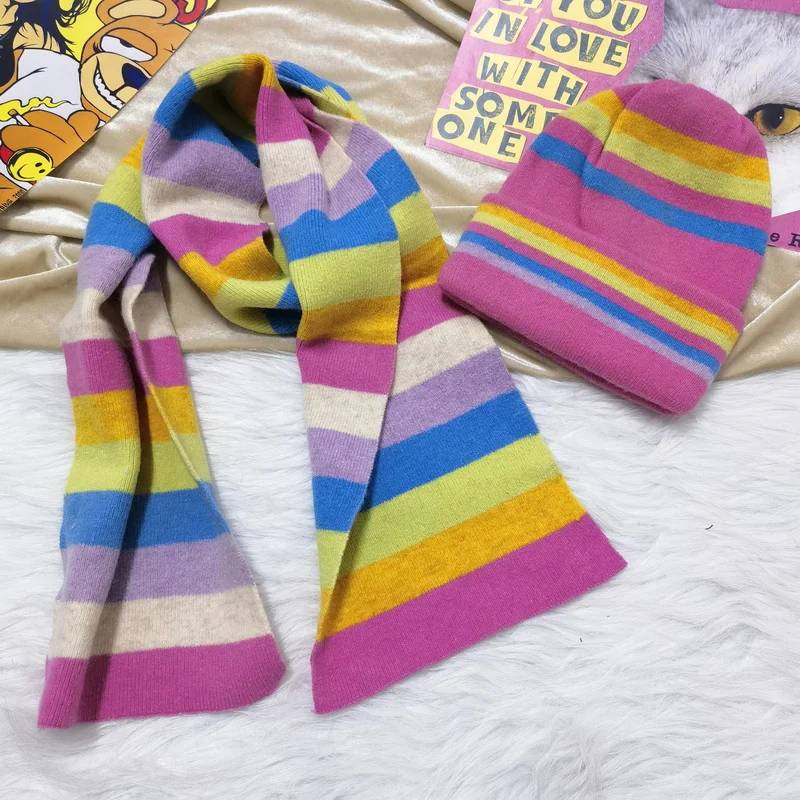 Warm Wool Rainbow Color Block Y2K Millennium Girl Soft Knitted Hat Scarf Two-Piece Set Limited Edition of 43 Sets