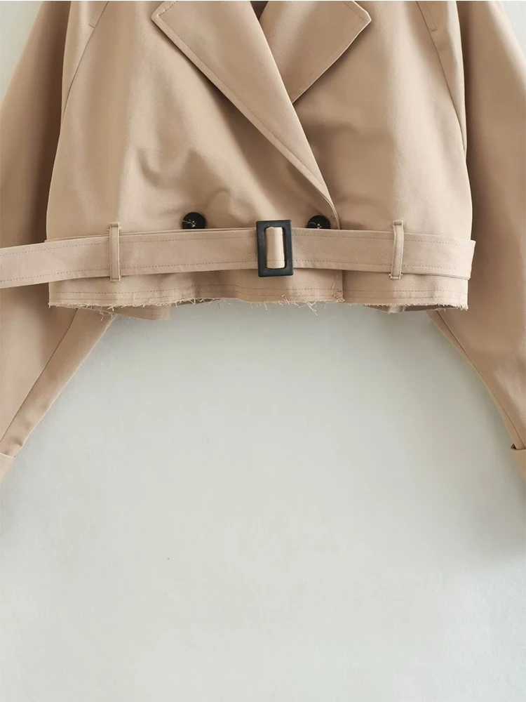 Mode wanita baru dengan sabuk mantel Trench crop besar antik kancing ganda lengan panjang Khaki pendek wanita