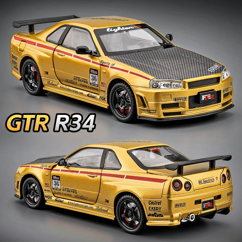 Escala 1:24 GTR-R34 M3 modelo de carro esportivo brinquedo absorção de choque puxar para trás supercar corpo de metal modelos de luz sonora presentes para crianças