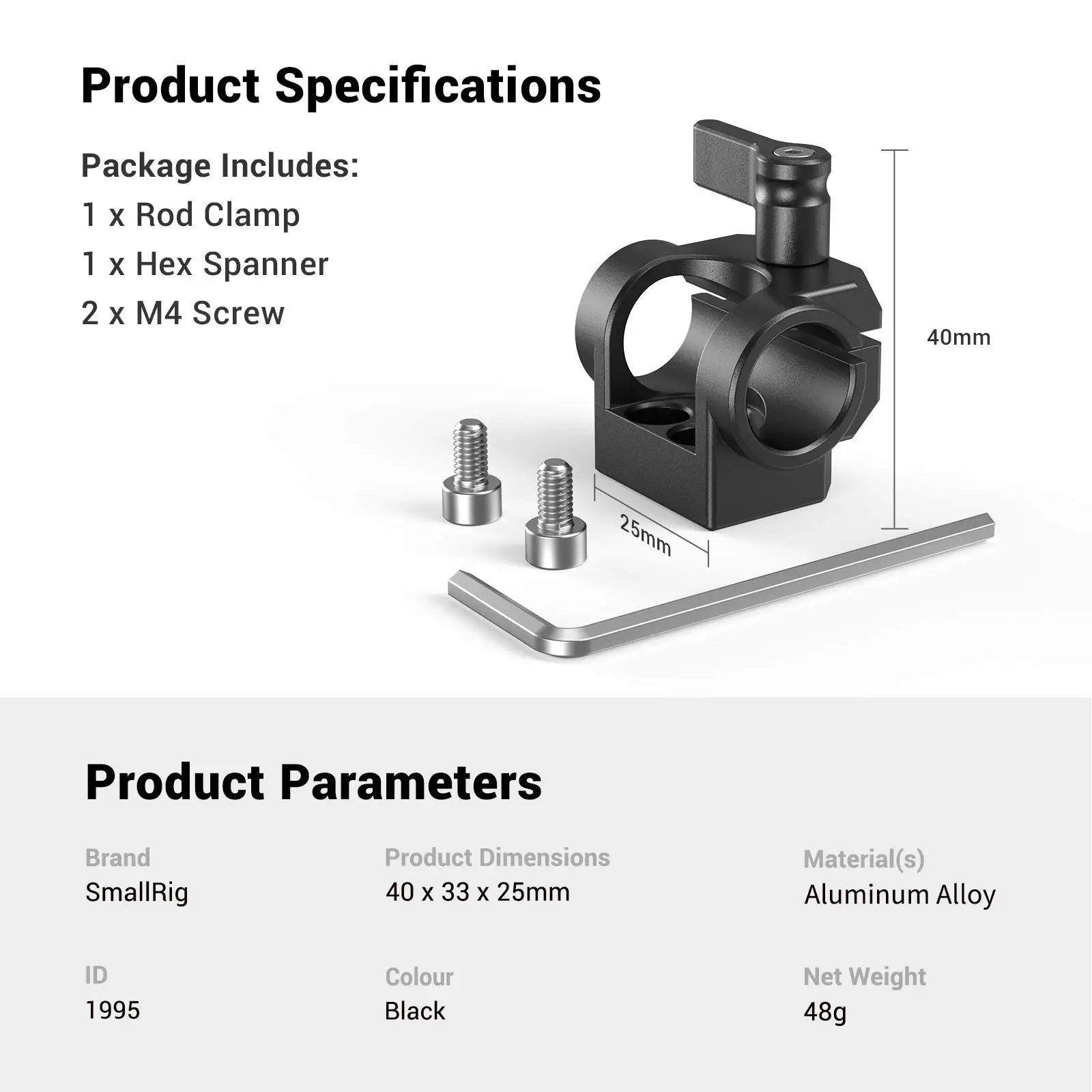 SmallRig EVF 마운트용 단일 로드 클램프 마운트, 15mm 로드 지원 시스템, 마이크 마운트 LCD 라이트 1995