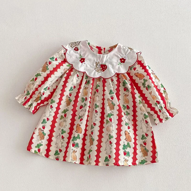 2026 New Spring 2-6Yrs Baby Girl Party Dress Long Sleeved Cotton Print Kids Princess Dresses Children Clothes Sister Dress