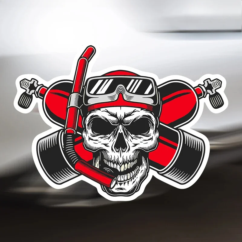 Skull Diver Vinyl Decal Sticker - Red & Black Scuba Gear Design with Goggles & Air Tank - High Quality Durable Vinyl for Cars