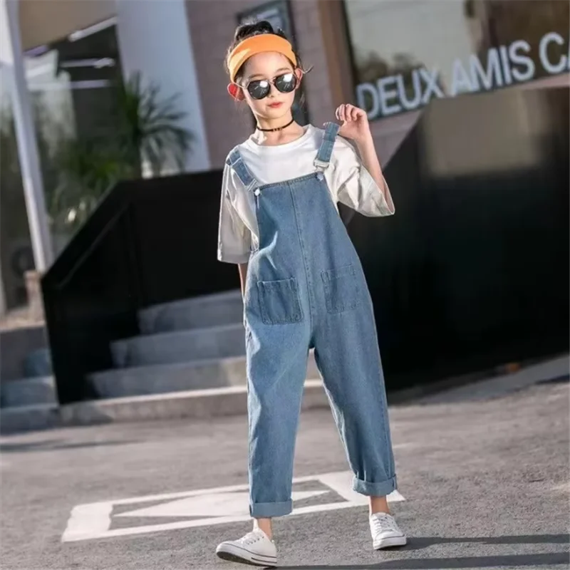 Retro Style Girls' Denim Overalls Children's Casual Loose Outer Wear Overalls Spring and Autumn Girls' Versatile Denim Pants