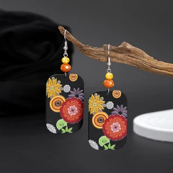Black Acrylic Relievo Print Colorful Flower Earrings For Women Vintage Elegant Personality Jewelry New Clothing Accessories Gift