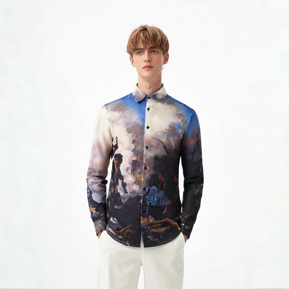 Vintage Long Sleeve Shirts for Man Luxury Ethnic Style Printed Single Breasted Men's Floral Shirt Plus Size Fashion Streetwear