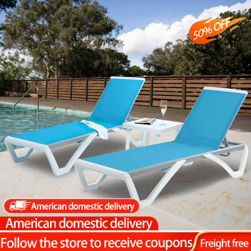 

Beach Reclining Armchairs Lounge Set or Patio Table (Two Aqua Chaises W/Table) Recliner Chair Deck-chair Chaise Lounge Sofa Room