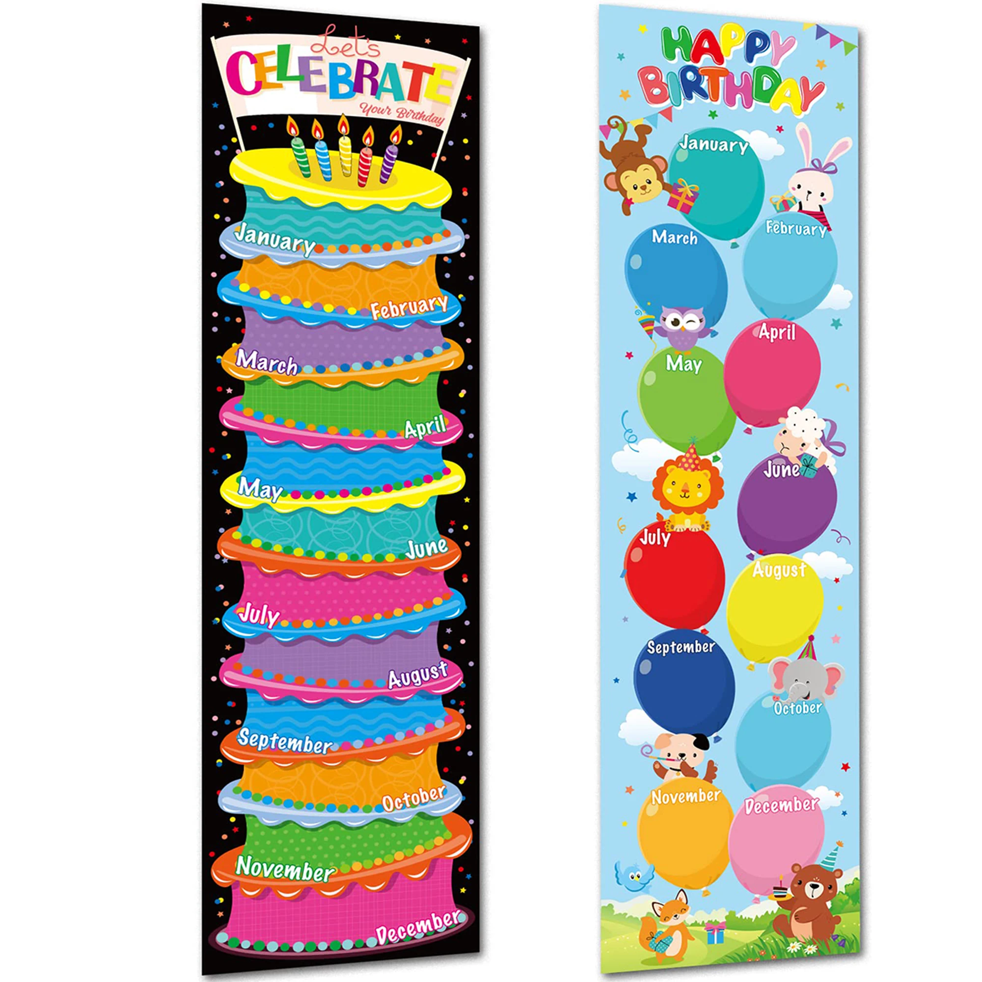 2Pcs Happy Birthday Charts Posters Classroom Calendar Bulletin Board Decoration for Nursery Kindergarten Wall