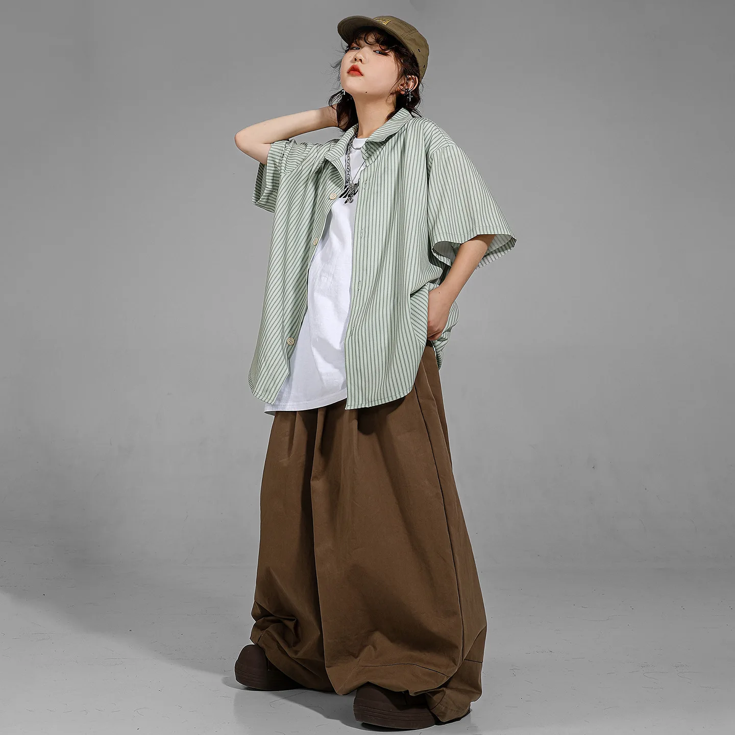 Enfant Kpop Hip Hop vêtements vert rayé chemise kaki gilet café décontracté jambe large pantalon plissé pour fille garçon danse Costume vêtements