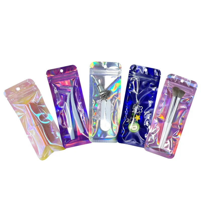 

Holographic Packaging Bags Clear Window Resealable Bags Mylar Zipper Foil Pouch for Lipstick Jewelry Brushes Small Business