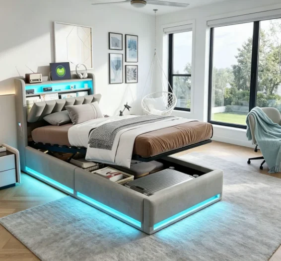 Cama Individual Tapizada Fangange de 90 x 200 cm con LED, USB C, Cama Hidráulica para Niños con Espacio de Almacenamiento y Cabecera, Estructura de Metal, Base de Cama y Somier de Láminas