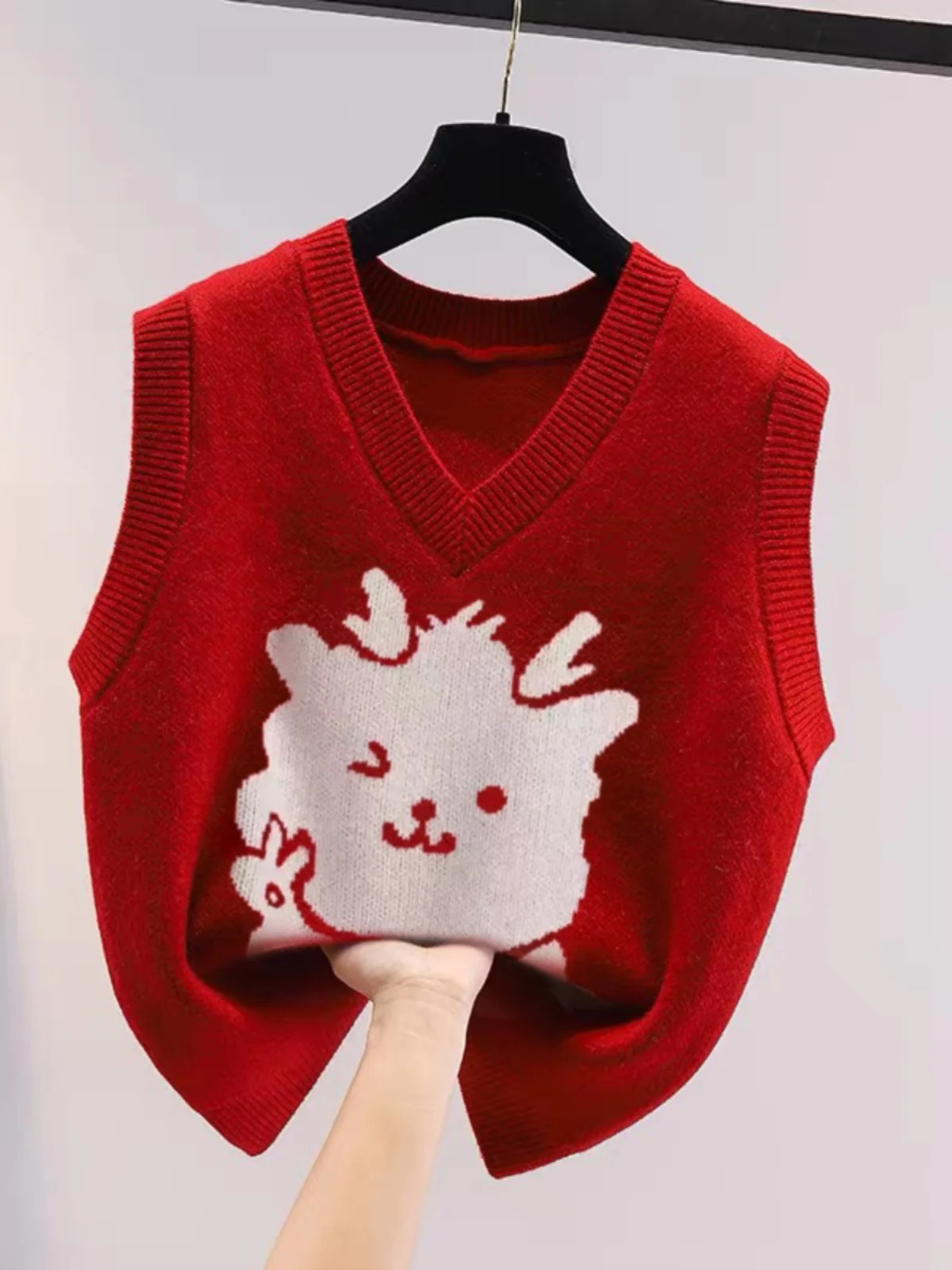 

Красный свободный вязаный свитер, жилет, женская мода 202, осенне-зимняя верхняя одежда, одежда Dragon Year, V-ne, смесь Camere