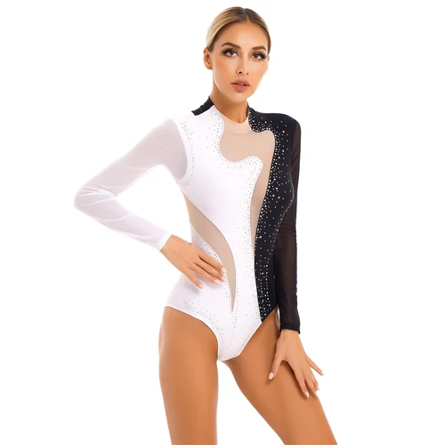 Imagen 2 del producto Leotardo de gimnasia de retazos para mujer, malla transparente con diamantes de imitación, mono de baile de Ballet de manga larga, mono de patinaje artístico acrobático