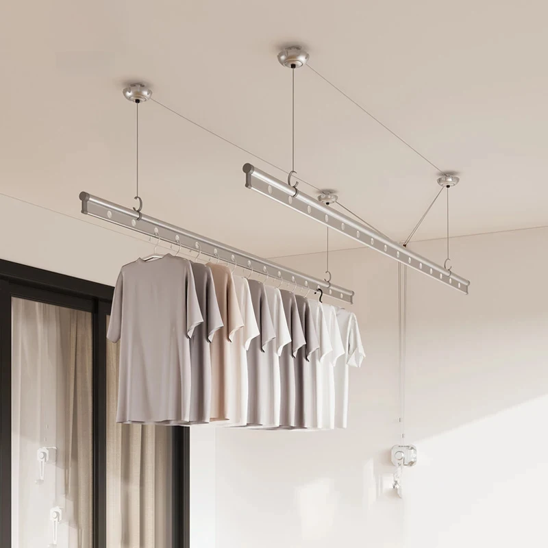 Modern Liftable Clothes Dryer Dormitory Hand-Cranked Double-Pole Creative Metal Laundry Drying Rack For Balcony