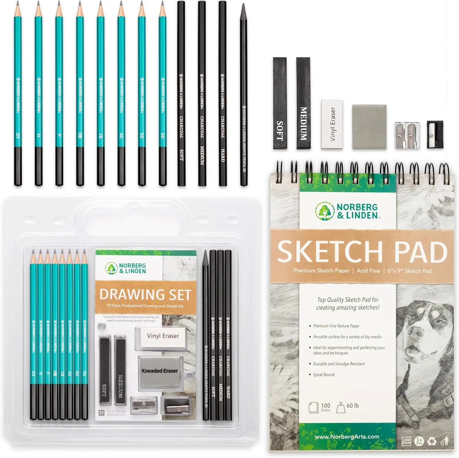 

Drawing Set - Sketching and Charcoal Pencils, 100 Page Drawing Pad, Kneaded Eraser Art Kit for Kids Teens Adults