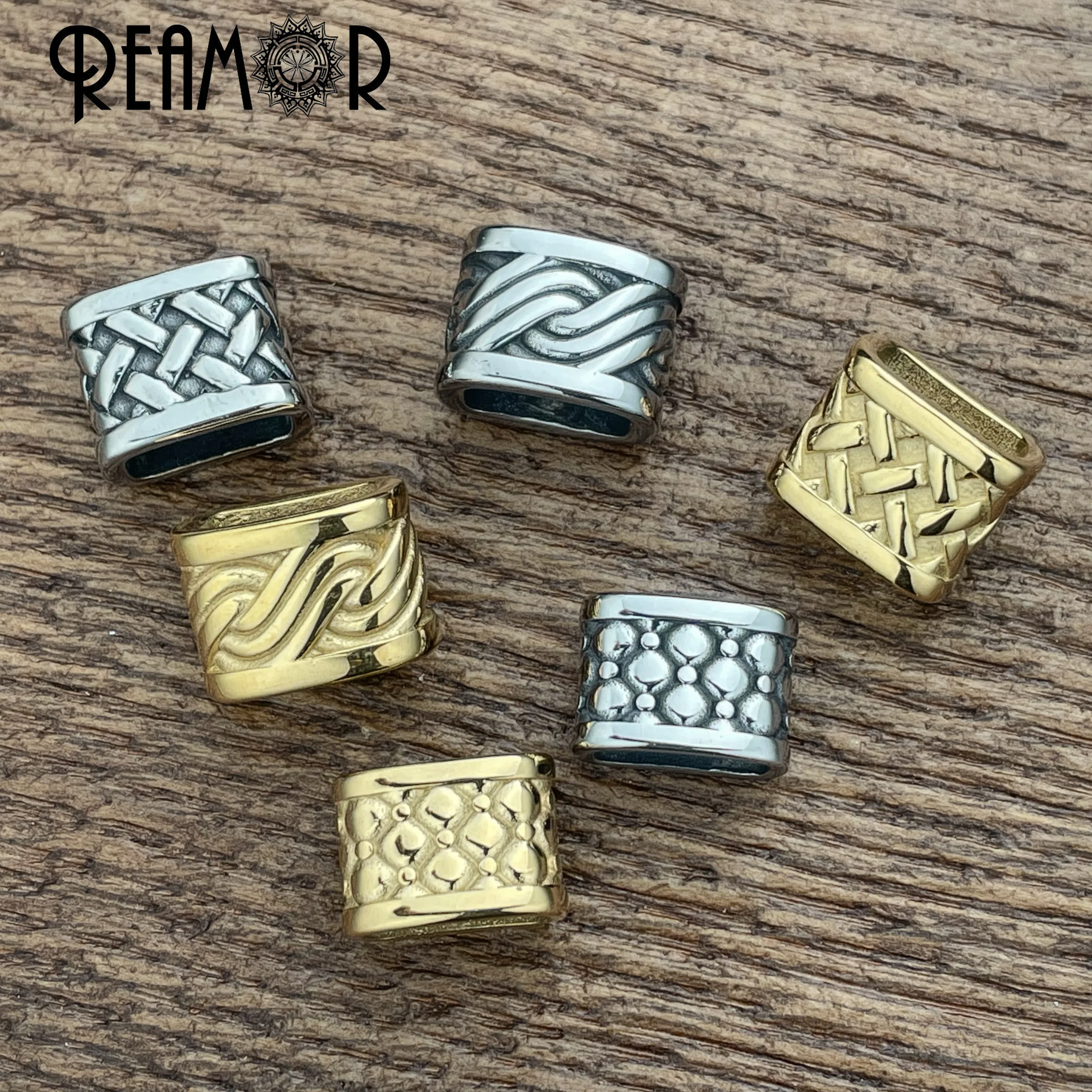 REAMOR 3pcs Gold Color Stainless Steel Geometry Weave Texture Beads 12x6mm Square Hole Punk Bead Fit Jewelry Making Accessories