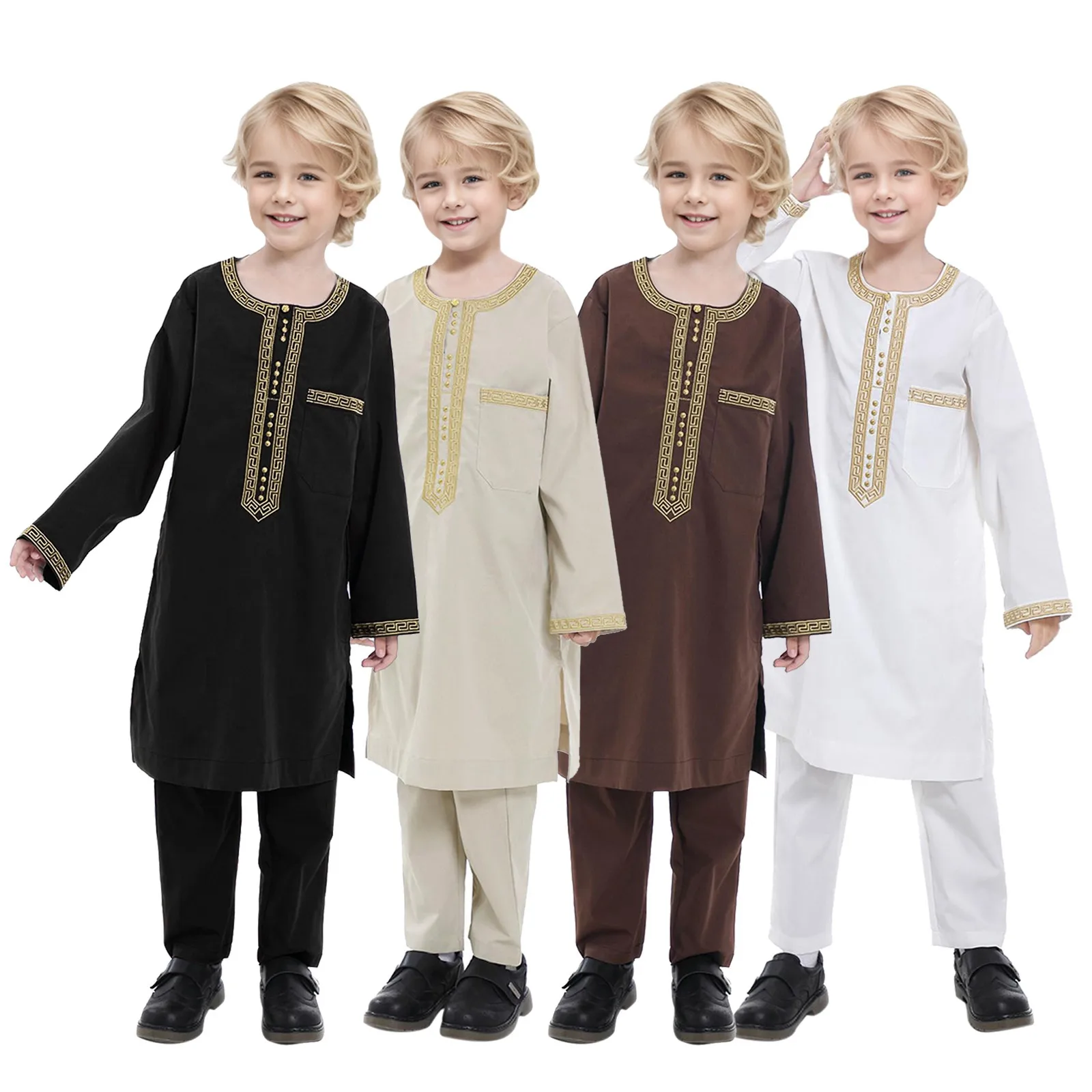 

New 2024 Dubai Arab Muslim Kids Boys Clothes Sets Abaya Kaftan Robes+Pants Islamic Ramadan Clothing Arabic Child Kaftans Costume