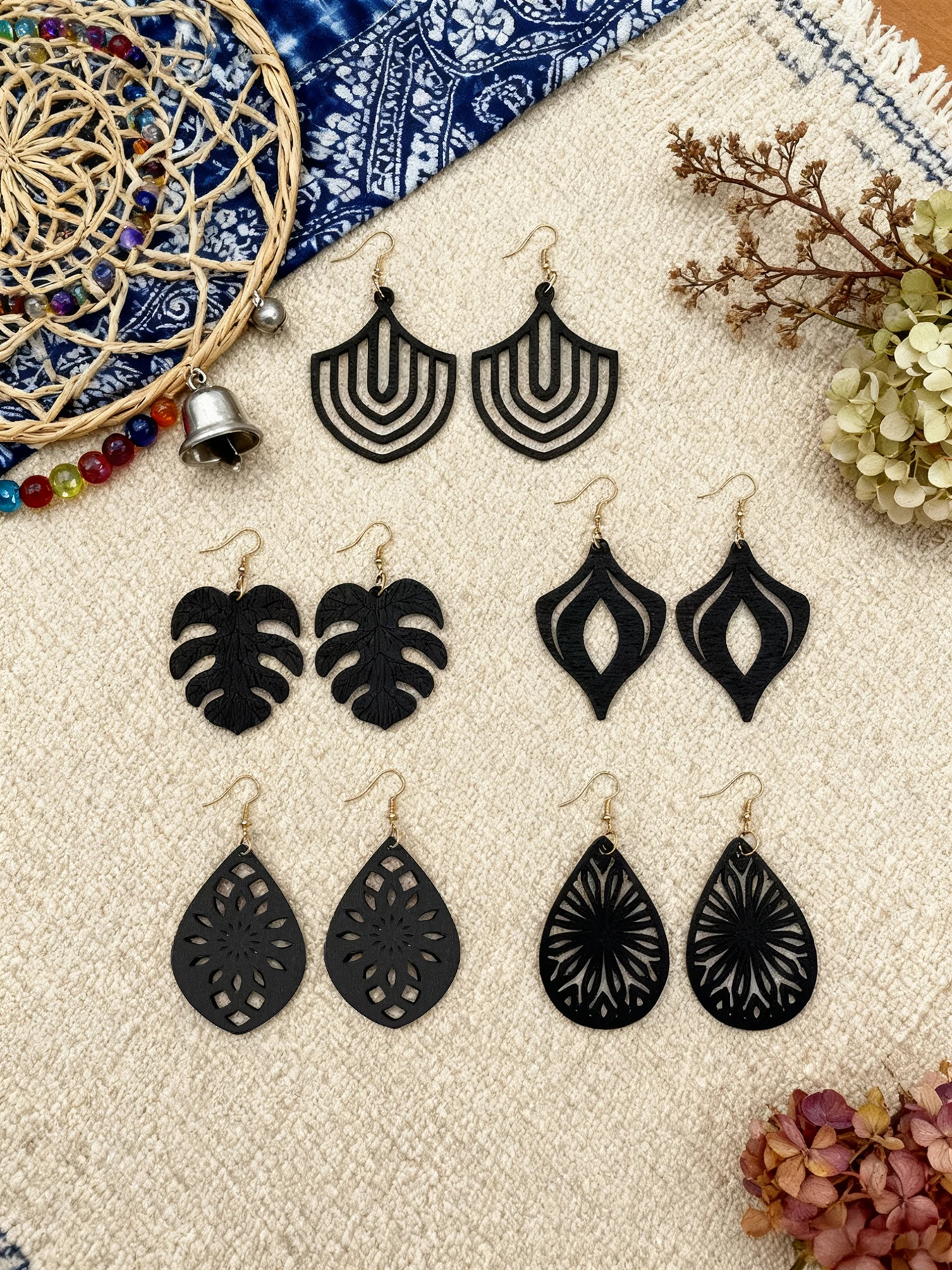 5 Paar/Set, ausgehöhlte Vintage-Ohrringe für Damen im böhmischen Ethno-Stil, handgefertigte natürliche exotische Atmosphäre, schwarze Musikfestivals, einzigartige Ohrringe, geeignet für Festivals,