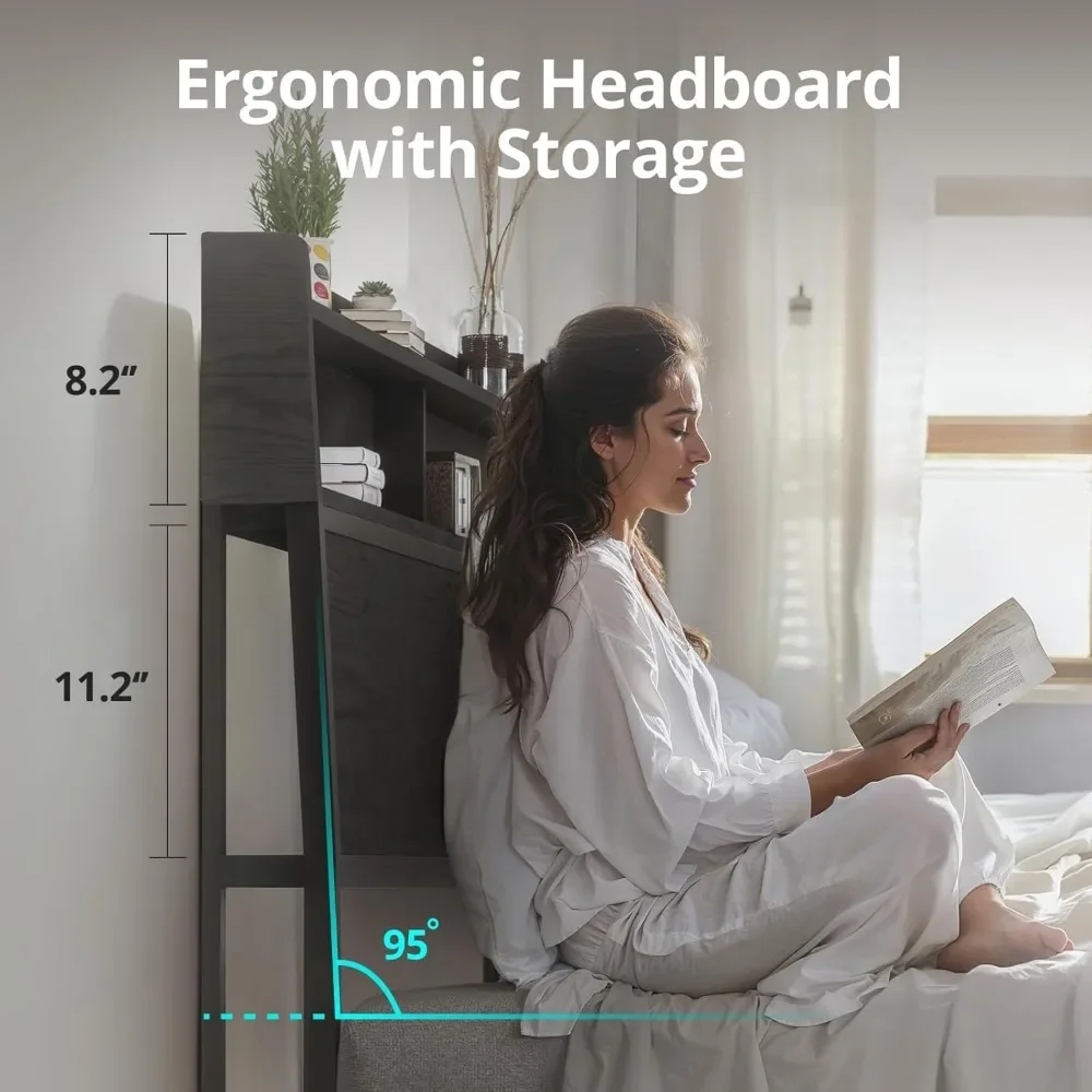 Estructura de cama con cabecera de almacenamiento y 4 cajones, estructura de cama con plataforma de metal con estación de carga USB, sin ruido, fácil montaje