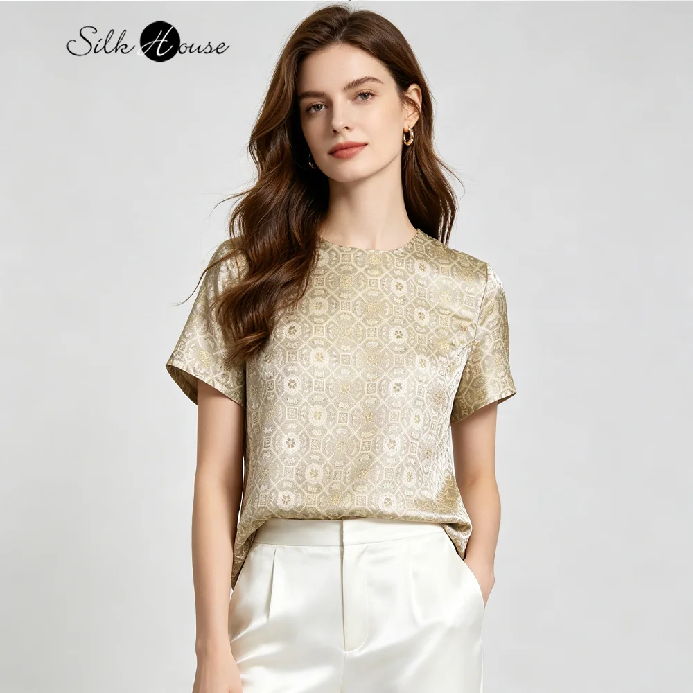 Women's Casual Summer New Butterfly Field Totem Retro 100% Natural Mulberry Silk Song Brocade Round Neck Short Sleeved T-shirt