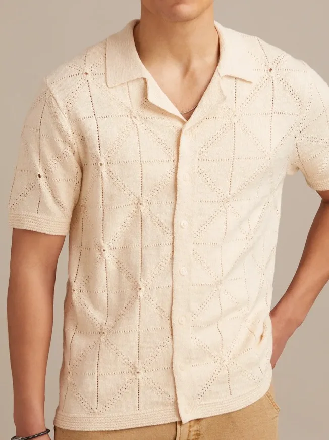 

Men's Casual Knitted ort Sve Open Cardigan irt Versatile Hollow out Design Summer Thin Polyester Top