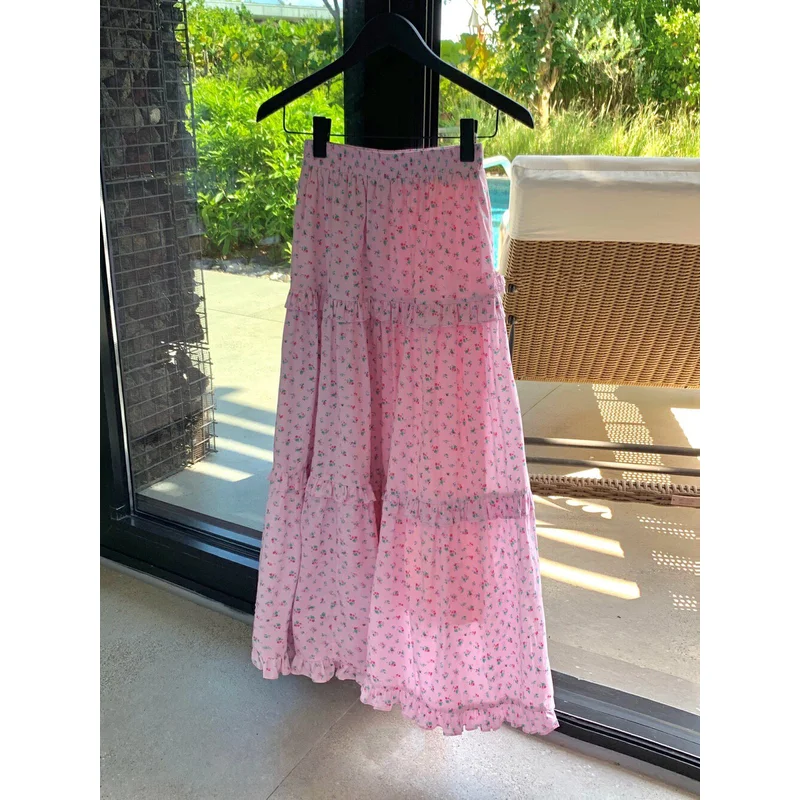 

Pink Floral Print Cake Skirt Women Spring Summer Fairy Vacation Style High Waist Large Swing Ruffle A-line Long Skirts