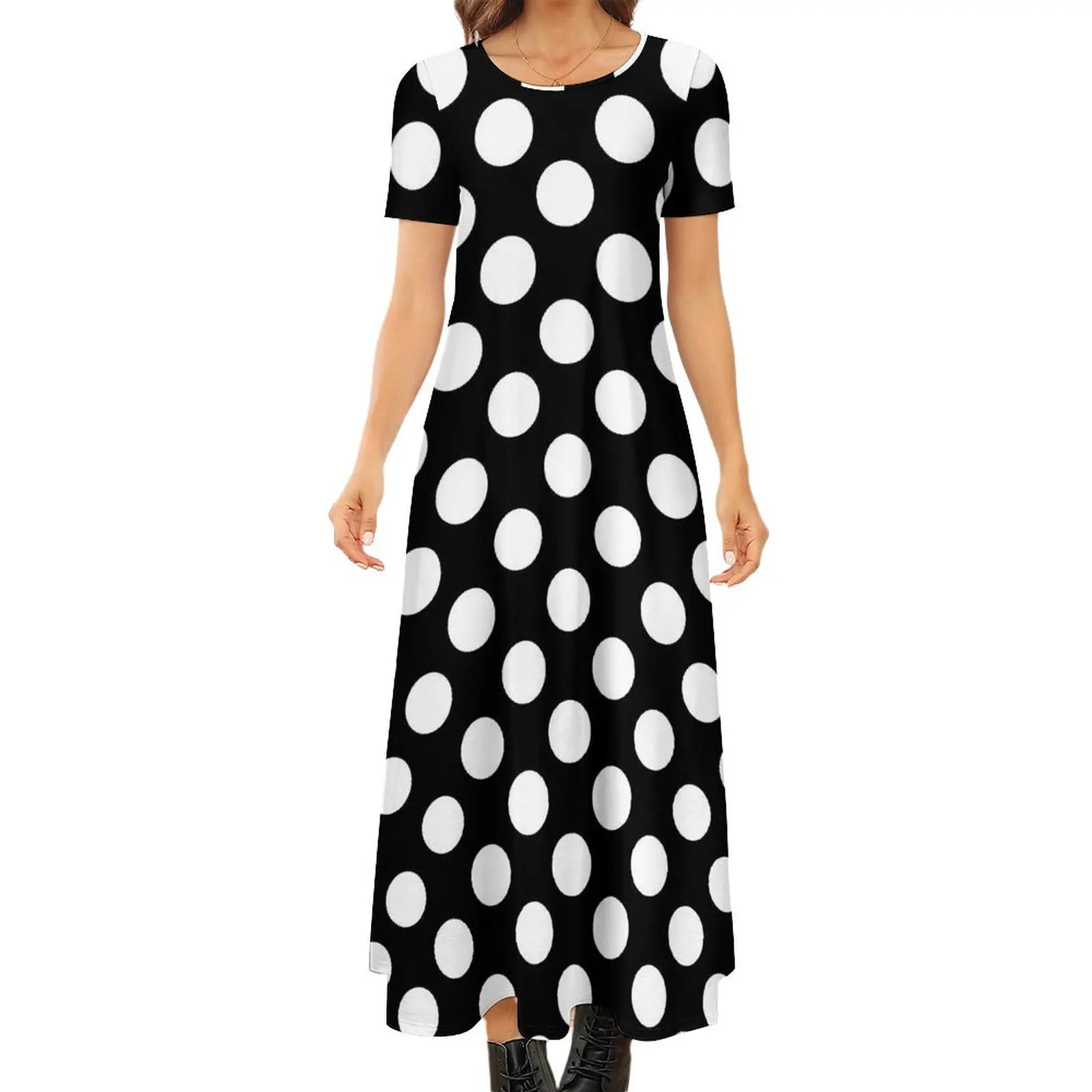 White Polka Dots Print Dress  Elegant Maxi Dress Streetwear Boho Beach Long Dresses Female Short Sleeve Oversized Vestidos