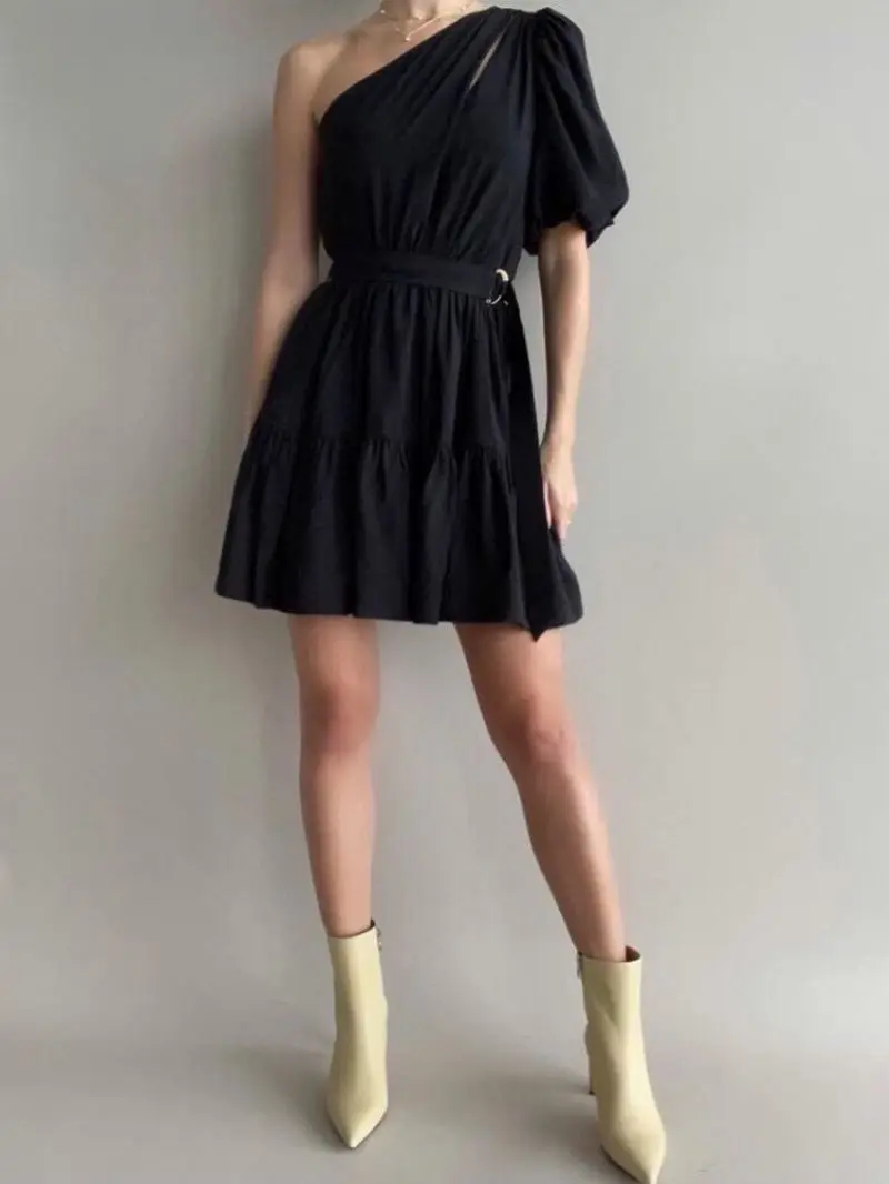 

2-Colors Women One-Shoulder Short Dress Lace-up High Waist Diagonal Collar Puff Sleeve Pleated Casual Female Mini Robe