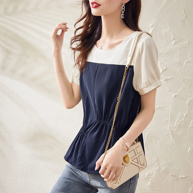 High-end Fashion Color Matching Blouse Summer Classic Short Sleeve O-collar Korean Loose Office All-match Pullover Chiffon Shirt