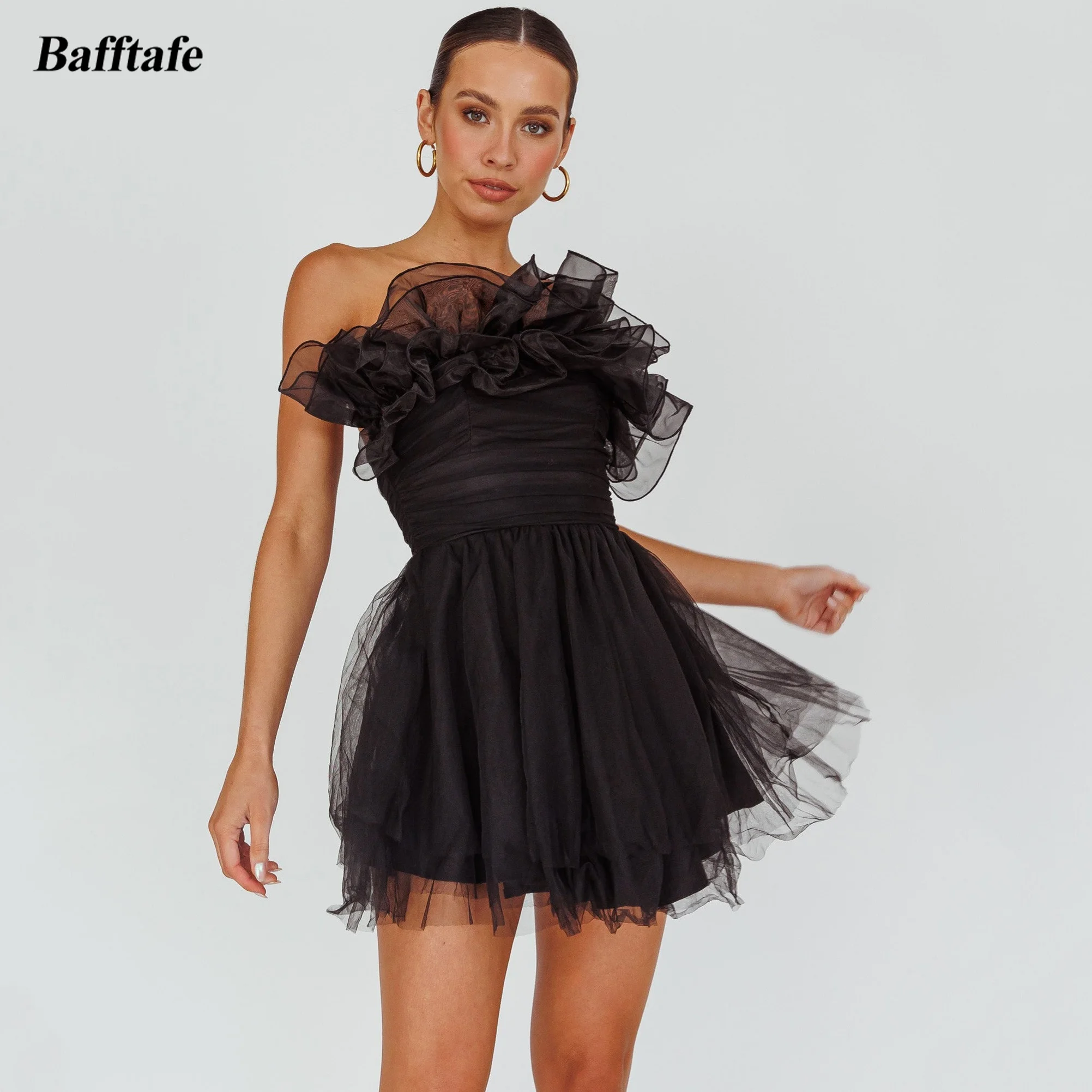 

Bafftafe Black Tulle Mini Girl Homecoming Dresses Ruffles Above Knee Prom Party Gowns Pleated Formal Occasion Cocktail Dress