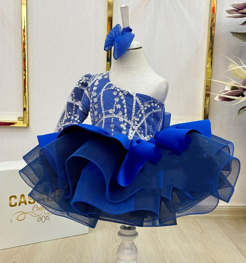 

Royal Blue Knee Length Flower Girl Dress Glitter Tutu Outfit One Sleeve Toddler First Birthday Party Gowns Child 12M 24M