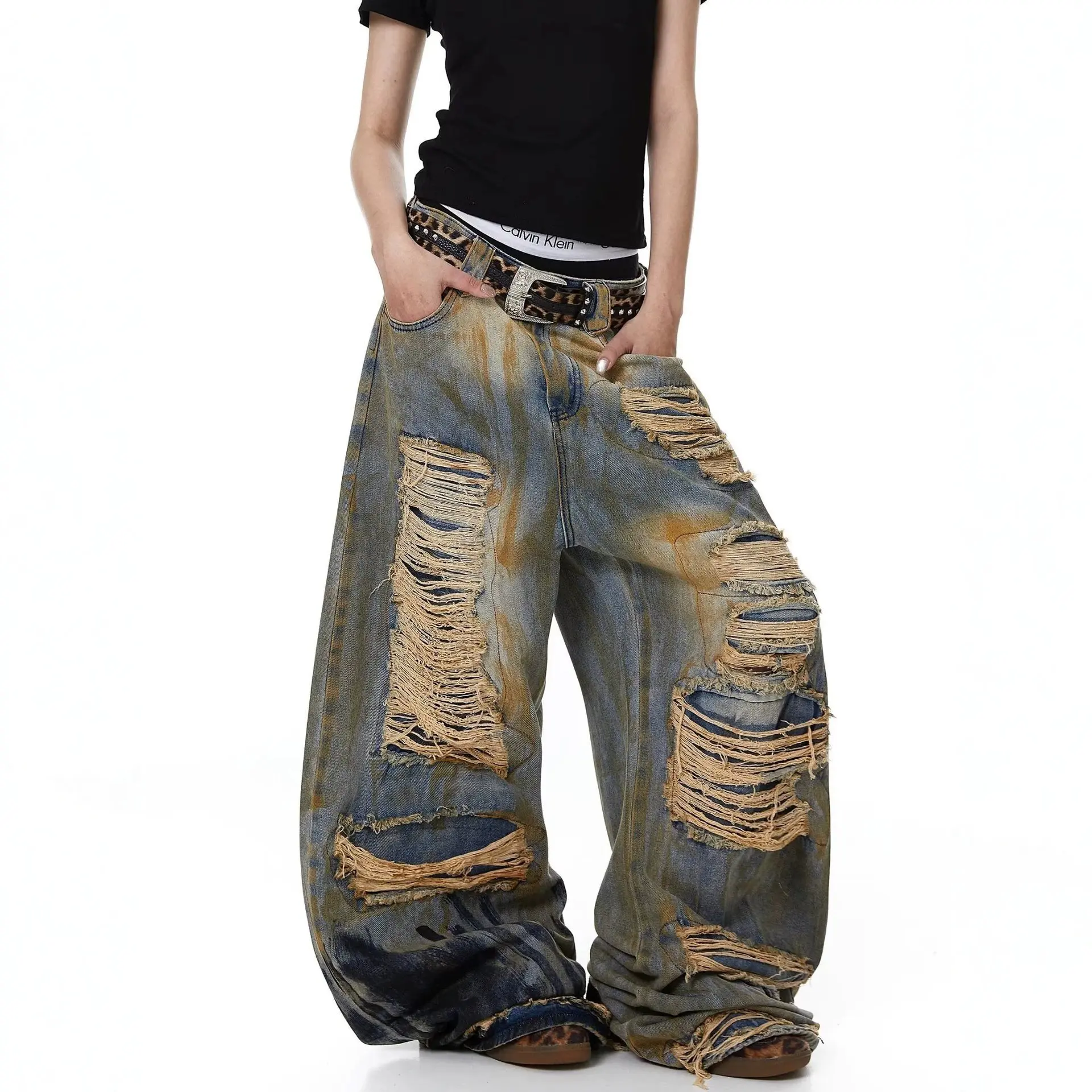 West Coast Vintage Dirty Dyed Hole Knife Jeans Women Summer Cross Border Wasteland Style Jazz Dance Trend High Waist Asymmetr...