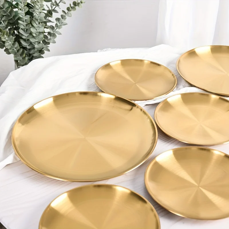 2pcs, Golden Pizza Plates, Stainless Steel Dinner Plate, Round Golden Tray, Food Serving Plate, for Home Kitchen,Party Use