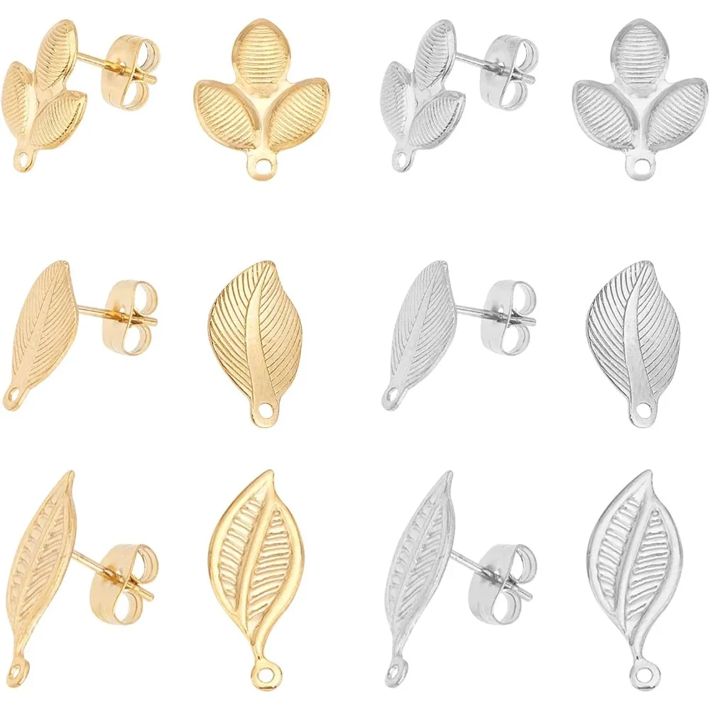 

24 Pieces 3 Styles Leaf Stud Earrings with Ear Nuts Hypoallergenic Earrings 0.7mm Pin Stainless Steel Stud Earring