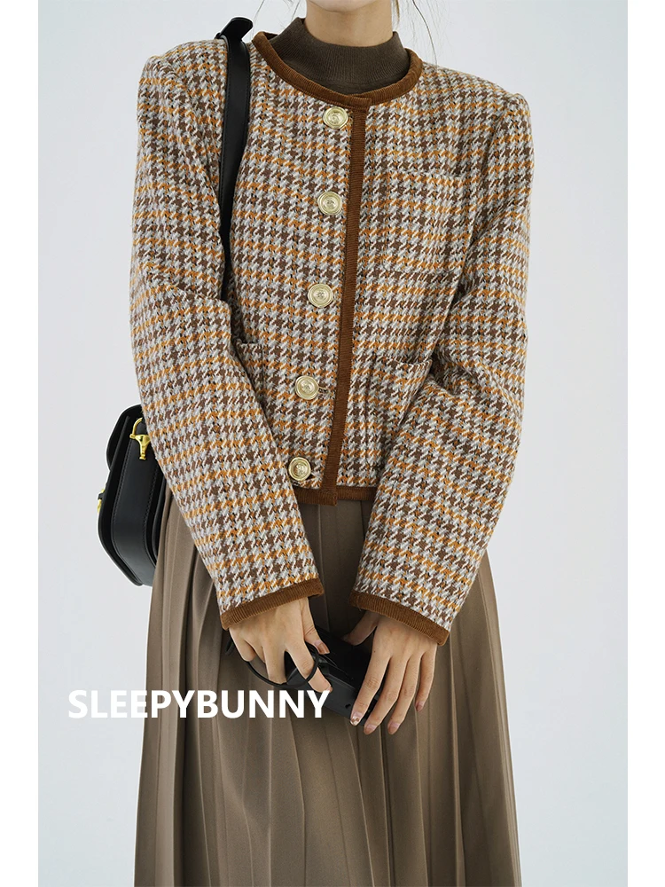 Jaket Pendek Kotak-kotak Elegan Antik Pakaian Luar Wol Musim Dingin Wanita Mantel Leher Bulat Houndstooth Mantel Chic Hangat Retro Kasual Wanita