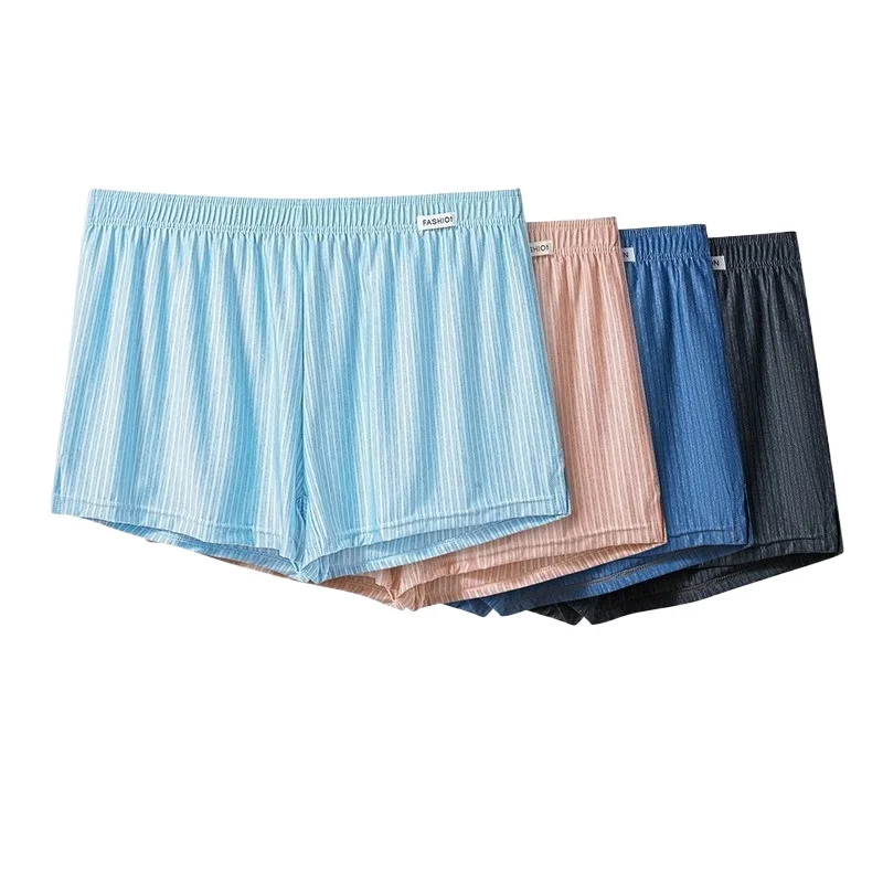 Men's Ultra Thin Ice Silk Striped Boxer Shorts 4-Pack Breathable Loose Fit Summer Beach Pajama Underwear Home Wear